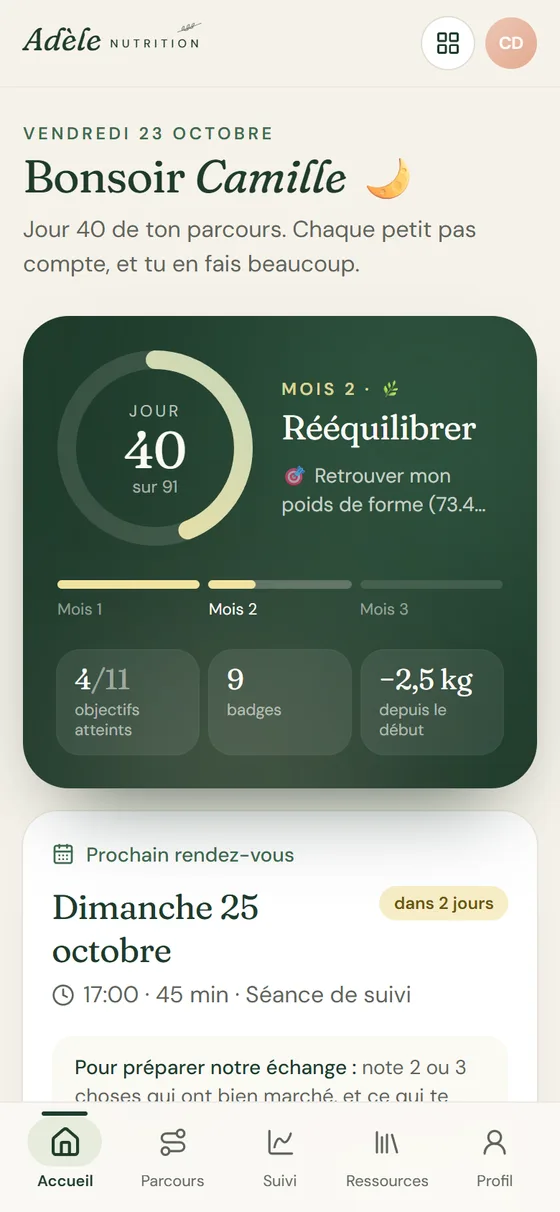 Aperçu de l'espace client Adèle Nutrition : objectifs, habitudes du jour et prochaine séance